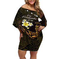 Personalised Hawaii King Kamehameha Day Off Shoulder Short Dress Plumeria With Kakau Pattern - Gold LT14 Women Gold - Polynesian Pride