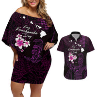 Personalised Hawaii King Kamehameha Day Couples Matching Off Shoulder Short Dress and Hawaiian Shirt Plumeria With Kakau Pattern - Purple