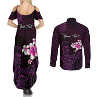 Personalised Hawaii King Kamehameha Day Couples Matching Summer Maxi Dress and Long Sleeve Button Shirt Plumeria With Kakau Pattern - Purple