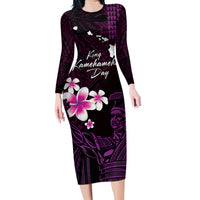 Personalised Hawaii King Kamehameha Day Family Matching Long Sleeve Bodycon Dress and Hawaiian Shirt Plumeria With Kakau Pattern - Purple