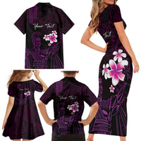 Personalised Hawaii King Kamehameha Day Family Matching Short Sleeve Bodycon Dress and Hawaiian Shirt Plumeria With Kakau Pattern - Purple