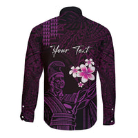 Personalised Hawaii King Kamehameha Day Long Sleeve Button Shirt Plumeria With Kakau Pattern - Purple