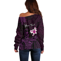 Personalised Hawaii King Kamehameha Day Off Shoulder Sweater Plumeria With Kakau Pattern - Purple