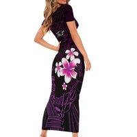 Personalised Hawaii King Kamehameha Day Short Sleeve Bodycon Dress Plumeria With Kakau Pattern - Purple