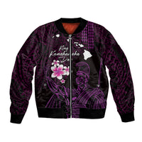 Personalised Hawaii King Kamehameha Day Sleeve Zip Bomber Jacket Plumeria With Kakau Pattern - Purple