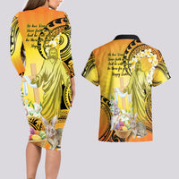 Polynesia Easter Day Couples Matching Long Sleeve Bodycon Dress and Hawaiian Shirt He Is Risen Lilium Longiflorum Polynesian Pattern