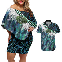 Turquoise Traditional Cloak Aotearoa Couples Matching Off Shoulder Short Dress and Hawaiian Shirt Maori Paua Shell Korowai Pattern