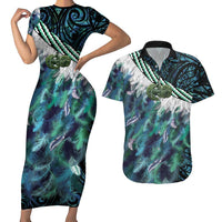 Turquoise Traditional Cloak Aotearoa Couples Matching Short Sleeve Bodycon Dress and Hawaiian Shirt Maori Paua Shell Korowai Pattern