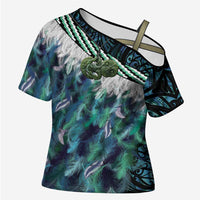 Turquoise Traditional Cloak Aotearoa Cross Shoulder Shirt Maori Paua Shell Korowai Pattern LT14 Female Turquoise - Polynesian Pride