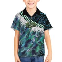 Turquoise Traditional Cloak Aotearoa Family Matching Off The Shoulder Long Sleeve Dress and Hawaiian Shirt Maori Paua Shell Korowai Pattern