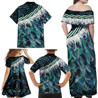 Turquoise Traditional Cloak Aotearoa Family Matching Off Shoulder Maxi Dress and Hawaiian Shirt Maori Paua Shell Korowai Pattern