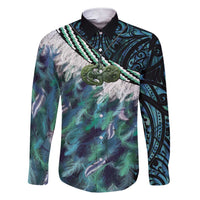 Turquoise Traditional Cloak Aotearoa Family Matching Short Sleeve Bodycon Dress and Hawaiian Shirt Maori Paua Shell Korowai Pattern LT14 Dad's Shirt - Long Sleeve Turquoise - Polynesian Pride