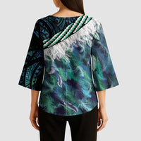 Turquoise Traditional Cloak Aotearoa Kimono Sleeve Blouse Maori Paua Shell Korowai Pattern - Polynesian Pride