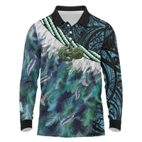 Turquoise Traditional Cloak Aotearoa Long Sleeve Polo Shirt Maori Paua Shell Korowai Pattern