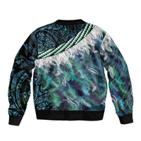 Turquoise Traditional Cloak Aotearoa Sleeve Zip Bomber Jacket Maori Paua Shell Korowai Pattern LT14 - Polynesian Pride