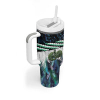 Turquoise Traditional Cloak Aotearoa Tumbler With Handle Maori Paua Shell Korowai Pattern