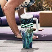 Turquoise Traditional Cloak Aotearoa Tumbler With Handle Maori Paua Shell Korowai Pattern