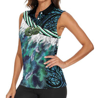 Turquoise Traditional Cloak Aotearoa Women Sleeveless Polo Shirt Maori Paua Shell Korowai Pattern