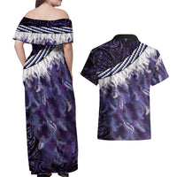 Purple Traditional Cloak Aotearoa Couples Matching Off Shoulder Maxi Dress and Hawaiian Shirt Maori Paua Shell Korowai Pattern