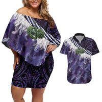 Purple Traditional Cloak Aotearoa Couples Matching Off Shoulder Short Dress and Hawaiian Shirt Maori Paua Shell Korowai Pattern