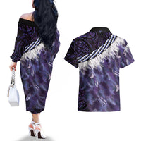 Purple Traditional Cloak Aotearoa Couples Matching Off The Shoulder Long Sleeve Dress and Hawaiian Shirt Maori Paua Shell Korowai Pattern