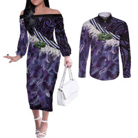 Purple Traditional Cloak Aotearoa Couples Matching Off The Shoulder Long Sleeve Dress and Long Sleeve Button Shirt Maori Paua Shell Korowai Pattern