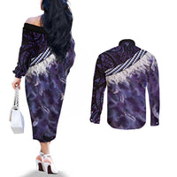 Purple Traditional Cloak Aotearoa Couples Matching Off The Shoulder Long Sleeve Dress and Long Sleeve Button Shirt Maori Paua Shell Korowai Pattern