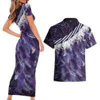 Purple Traditional Cloak Aotearoa Couples Matching Short Sleeve Bodycon Dress and Hawaiian Shirt Maori Paua Shell Korowai Pattern