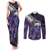 Purple Traditional Cloak Aotearoa Couples Matching Tank Maxi Dress and Long Sleeve Button Shirt Maori Paua Shell Korowai Pattern