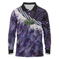 Purple Traditional Cloak Aotearoa Long Sleeve Polo Shirt Maori Paua Shell Korowai Pattern