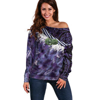 Purple Traditional Cloak Aotearoa Off Shoulder Sweater Maori Paua Shell Korowai Pattern