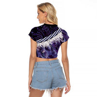 Purple Traditional Cloak Aotearoa Raglan Cropped T Shirt Maori Paua Shell Korowai Pattern