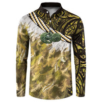 Yellow Traditional Cloak Aotearoa Button Sweatshirt Maori Paua Shell Korowai Pattern