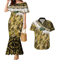 Yellow Traditional Cloak Aotearoa Couples Matching Mermaid Dress and Hawaiian Shirt Maori Paua Shell Korowai Pattern