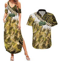 Yellow Traditional Cloak Aotearoa Couples Matching Summer Maxi Dress and Hawaiian Shirt Maori Paua Shell Korowai Pattern