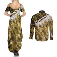 Yellow Traditional Cloak Aotearoa Couples Matching Summer Maxi Dress and Long Sleeve Button Shirt Maori Paua Shell Korowai Pattern LT14 - Polynesian Pride