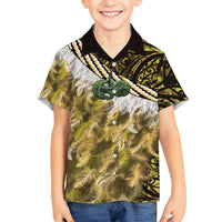 Yellow Traditional Cloak Aotearoa Family Matching Long Sleeve Bodycon Dress and Hawaiian Shirt Maori Paua Shell Korowai Pattern LT14 Son's Shirt Yellow - Polynesian Pride