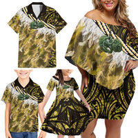 Yellow Traditional Cloak Aotearoa Family Matching Off Shoulder Short Dress and Hawaiian Shirt Maori Paua Shell Korowai Pattern