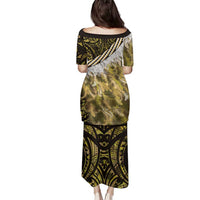 Yellow Traditional Cloak Aotearoa Family Matching Puletasi and Hawaiian Shirt Maori Paua Shell Korowai Pattern