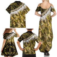 Yellow Traditional Cloak Aotearoa Family Matching Summer Maxi Dress and Hawaiian Shirt Maori Paua Shell Korowai Pattern