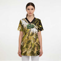 Yellow Traditional Cloak Aotearoa Scrub Top Maori Paua Shell Korowai Pattern - Polynesian Pride