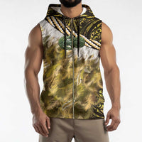 Yellow Traditional Cloak Aotearoa Sleeveless Zip Hoodie Maori Paua Shell Korowai Pattern LT14 - Polynesian Pride