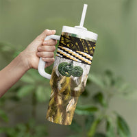 Yellow Traditional Cloak Aotearoa Tumbler With Handle Maori Paua Shell Korowai Pattern