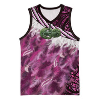 Pink Traditional Cloak Aotearoa Basketball Jersey Maori Paua Shell Korowai Pattern LT14 Unisex Pink - Polynesian Pride
