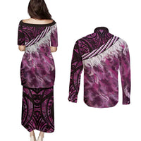 Pink Traditional Cloak Aotearoa Couples Matching Puletasi and Long Sleeve Button Shirt Maori Paua Shell Korowai Pattern LT14 - Polynesian Pride