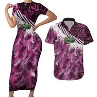 Pink Traditional Cloak Aotearoa Couples Matching Short Sleeve Bodycon Dress and Hawaiian Shirt Maori Paua Shell Korowai Pattern