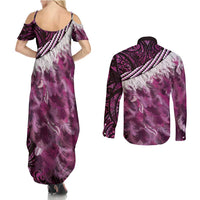 Pink Traditional Cloak Aotearoa Couples Matching Summer Maxi Dress and Long Sleeve Button Shirt Maori Paua Shell Korowai Pattern LT14 - Polynesian Pride
