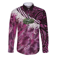 Pink Traditional Cloak Aotearoa Family Matching Long Sleeve Bodycon Dress and Hawaiian Shirt Maori Paua Shell Korowai Pattern LT14 Dad's Shirt - Long Sleeve Pink - Polynesian Pride