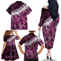 Pink Traditional Cloak Aotearoa Family Matching Off The Shoulder Long Sleeve Dress and Hawaiian Shirt Maori Paua Shell Korowai Pattern
