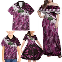 Pink Traditional Cloak Aotearoa Family Matching Off Shoulder Maxi Dress and Hawaiian Shirt Maori Paua Shell Korowai Pattern